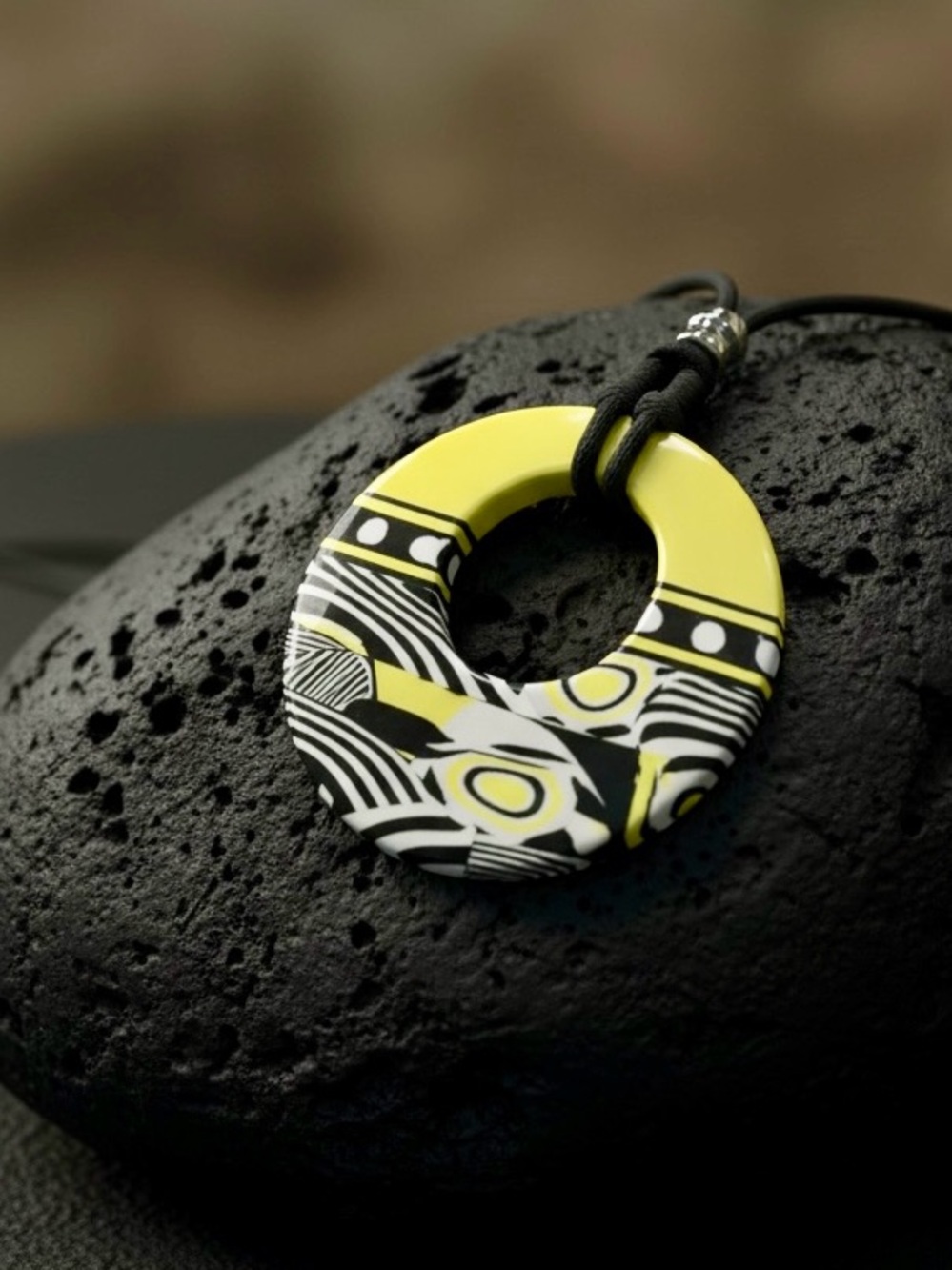 Handmade Yellow Black White Graphic Polymer Clay Statement Pendant Necklace